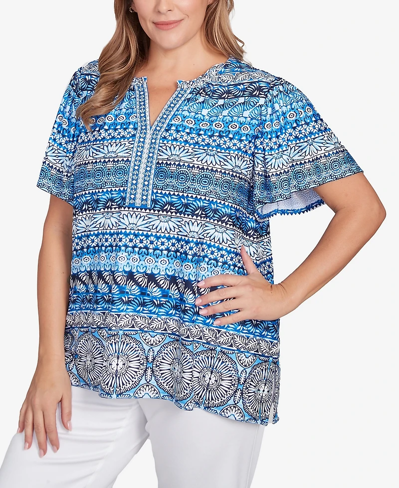Ruby Rd. Plus Motif Stripe Embroidered Puff Print Top