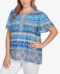 Ruby Rd. Plus Motif Stripe Embroidered Puff Print Top