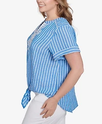 Ruby Rd. Plus Yarn Dye Stripe Embellished Tie Front Top