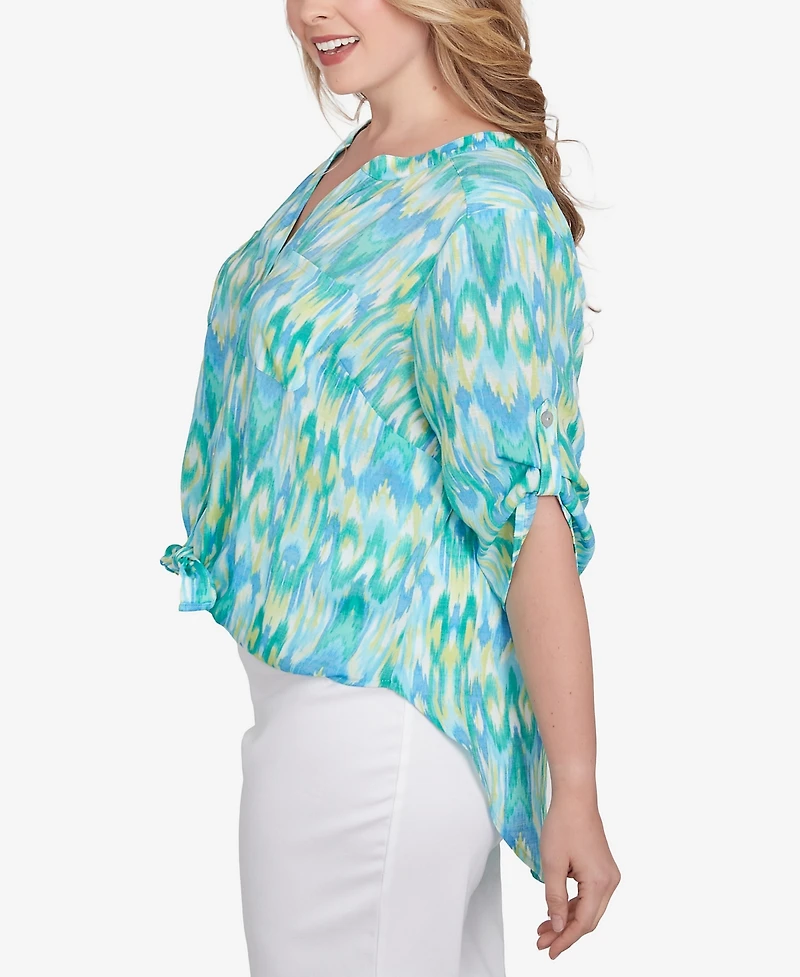 Ruby Rd. Plus Paradise Ikat Button Tie Front Top
