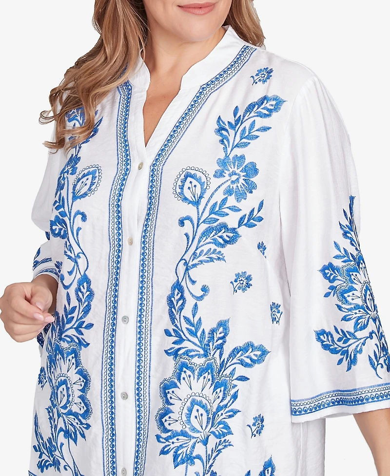 Ruby Rd. Plus Tidal Embroidered Button Front Top