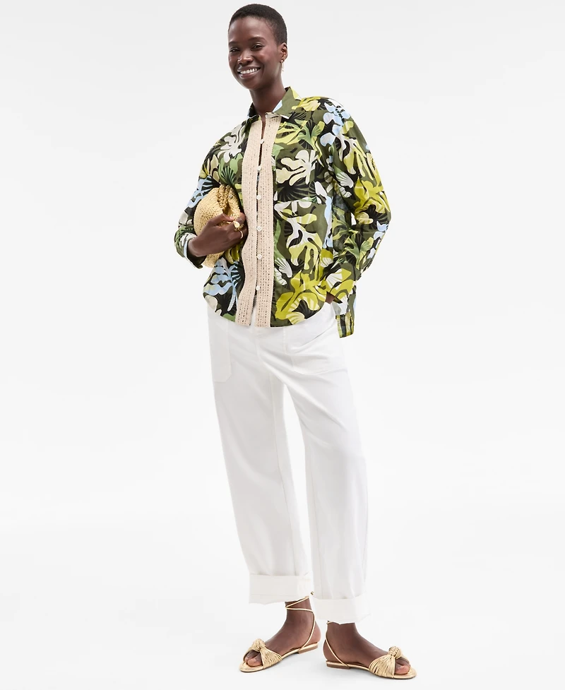 On 34th Women's Leaf-Print Crochet-Trim Shirt, Exclusively at Macy's