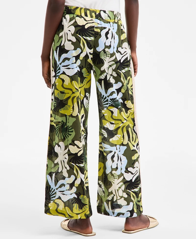 On 34th Women's Leaf-Print Crochet-Trim Wide-Leg Pants, Exclusively at Macy's
