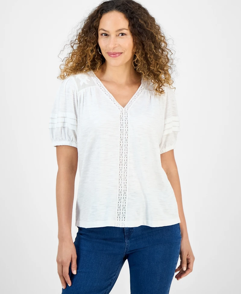 Style & Co Petite Mixed Trim Top, Exclusively at Macy's