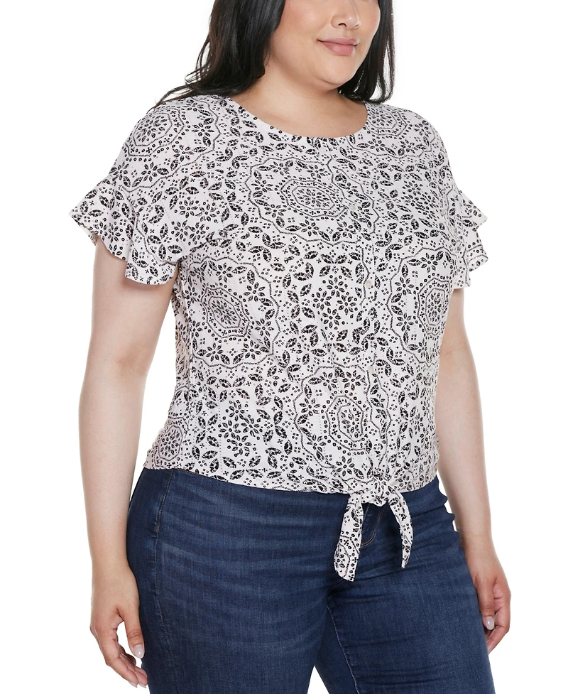 Belldini Plus Printed Eyelet Tie-Front Knit Top