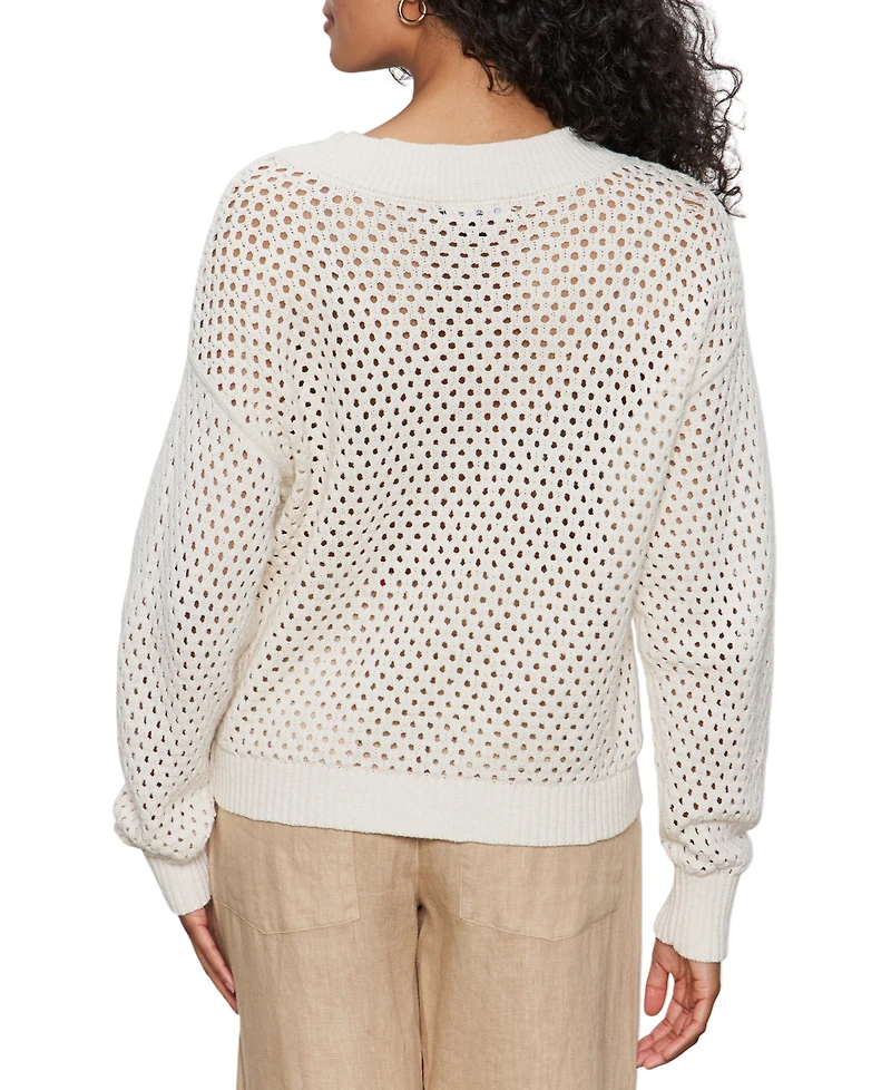 Sanctuary Women's Airy Openwork Cotton V-Neck Sweater