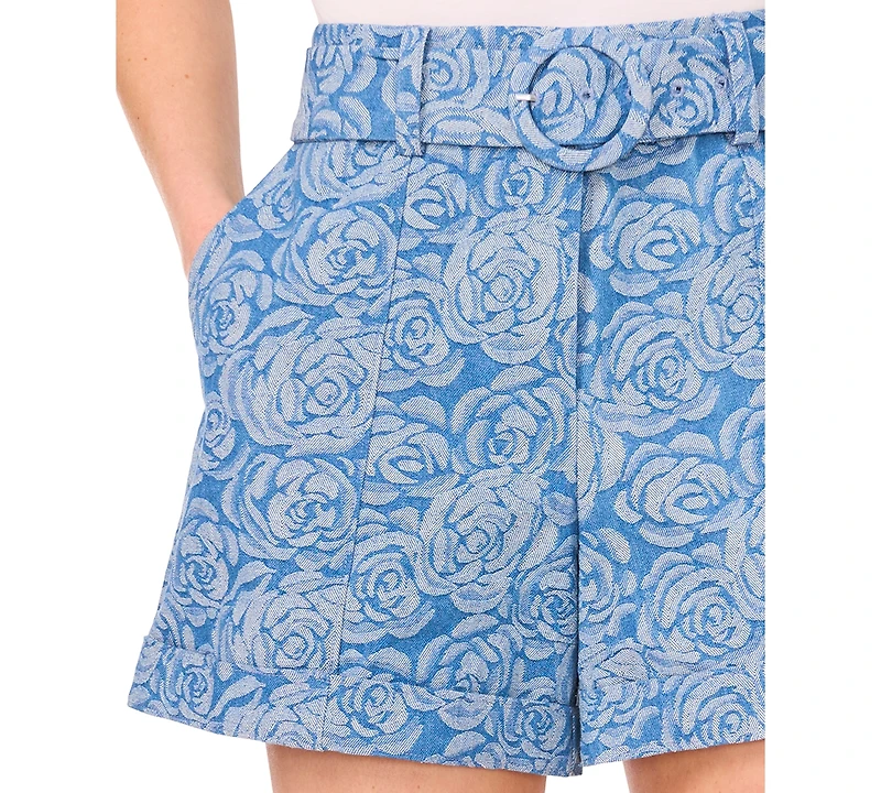 CeCe Women's Belted Floral Jacquard Denim Shorts