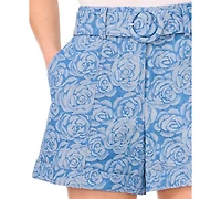 CeCe Women's Belted Floral Jacquard Denim Shorts