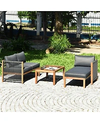 Gymax 3PCS Patio Acacia Wood Sofa Furniture Set Thick Cushion W/ Nylon Rope Armrest
