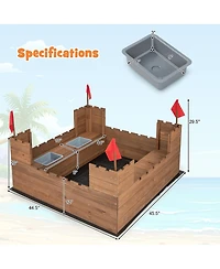 Gymax Solid Wood Kids Sandbox w/ 2 Bench Seats Outdoor Sandpit w/ Storage Box & Flags
