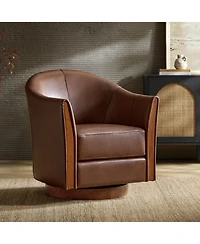Raul Transitional Genuine Leather 360-degree Swivel Barrel Chair with Solid Wood Base and Armrest