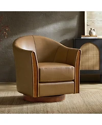 Raul Transitional Genuine Leather 360-degree Swivel Barrel Chair with Solid Wood Base and Armrest