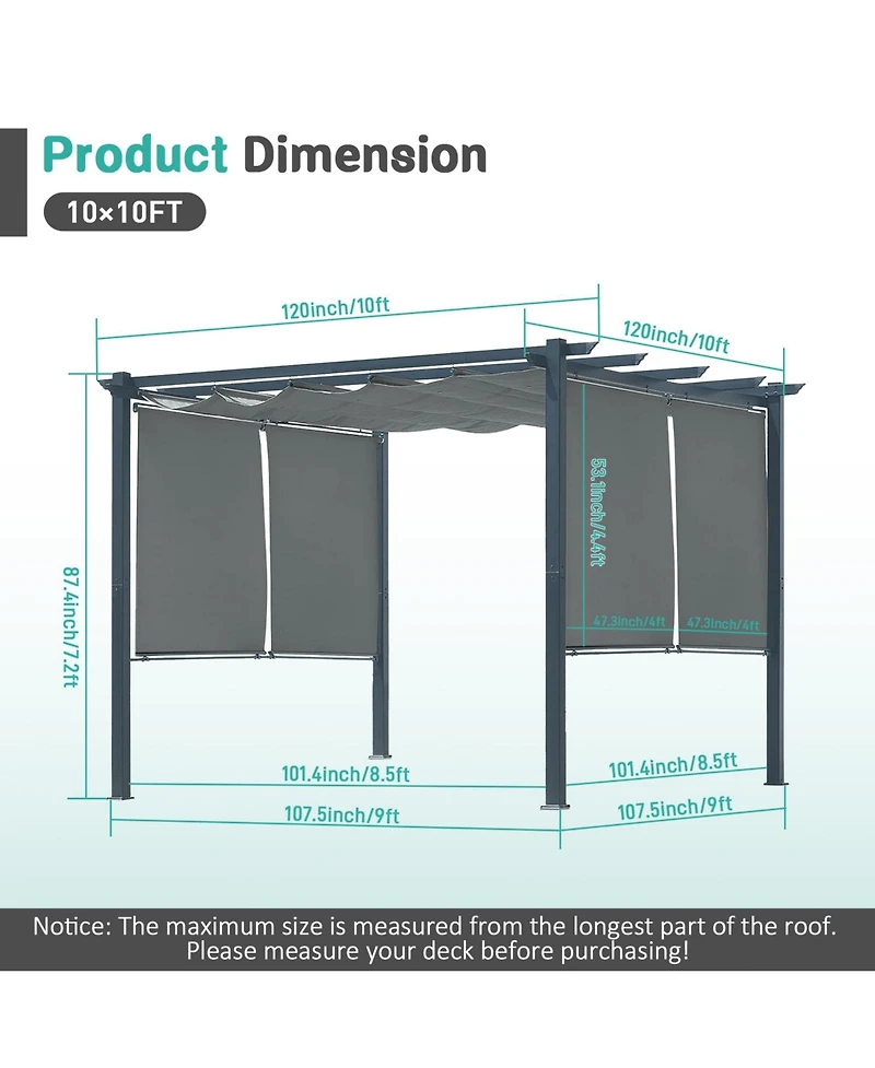 Aoodor 10 x 10 ft Outdoor Pergola with Retractable Canopy 4 Pieces Patio Sun Shade Shelter - Light Gray