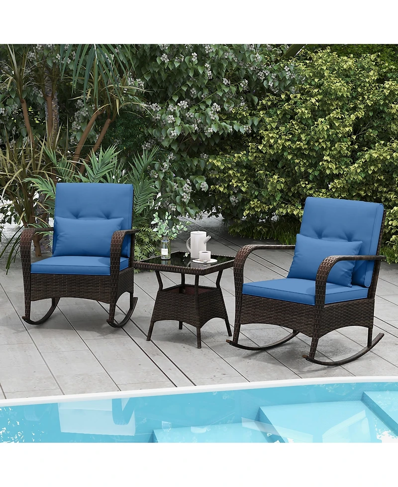 Gymax 3 Piece Outdoor Rocking Set Rattan Rocker Chairs w/ Tempered Glass Coffee Table