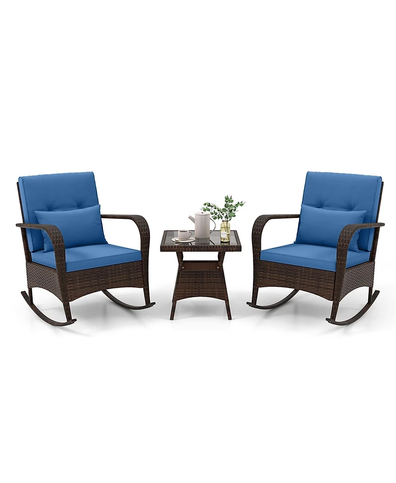 Gymax 3 Piece Outdoor Rocking Set Rattan Rocker Chairs w/ Tempered Glass Coffee Table