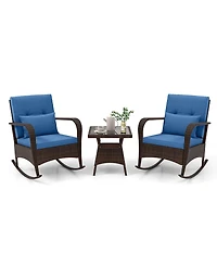 Gymax 3 Piece Outdoor Rocking Set Rattan Rocker Chairs w/ Tempered Glass Coffee Table