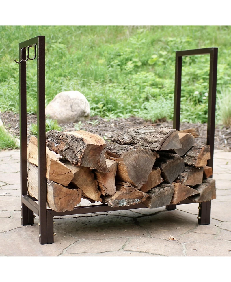 Indoor/Outdoor Steel Fire Pit or Fireplace Firewood Log Rack Holder with Hooks - 30"