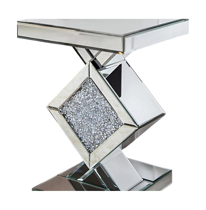 Mirrored Glass End Table with Faux Crystals for Living Room or Bedroom
