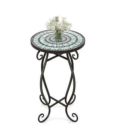 Small Plant Stand with Weather Resistant Ceramic Tile Tabletop