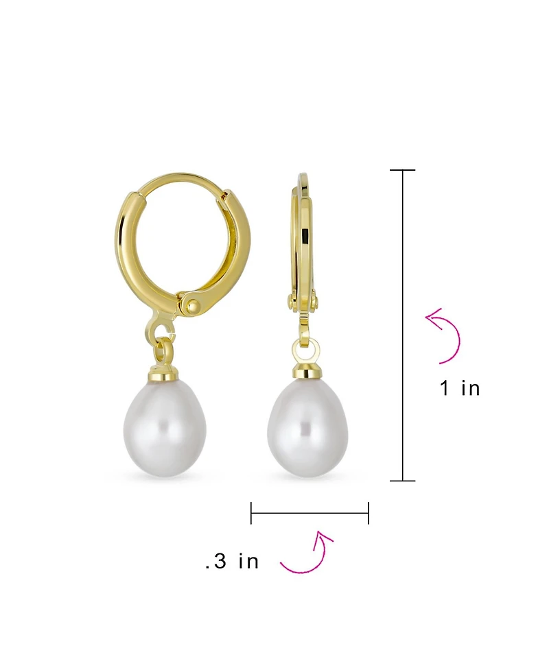 Bling Jewelry Classic Simple Yellow Gold Plated White Freshwater Cultured Pearl Pear Shape Teardrop Mini Hoop Huggie Drop Earrings