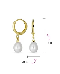 Bling Jewelry Classic Simple Yellow Gold Plated White Freshwater Cultured Pearl Pear Shape Teardrop Mini Hoop Huggie Drop Earrings