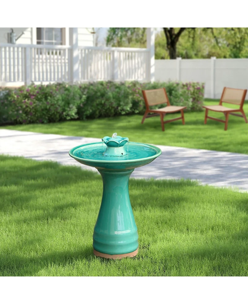 LuxenHome Aqua Glazed Ceramic 22-In Tall Birdbath Fountain