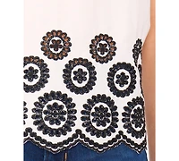 CeCe Women's Contrast Embroidered Cotton Cap-Sleeve Blouse