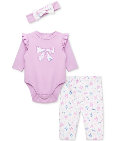 Little Me Baby Girls Pretty Bows Cotton Headband, Bodysuit & Pants Set