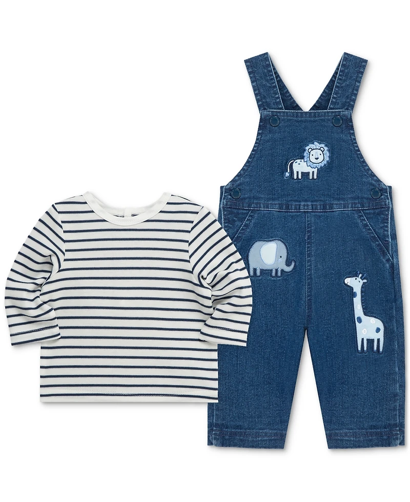Little Me Baby Boys Striped T-Shirt & Safari Woven Denim Overall, 2 Piece Set