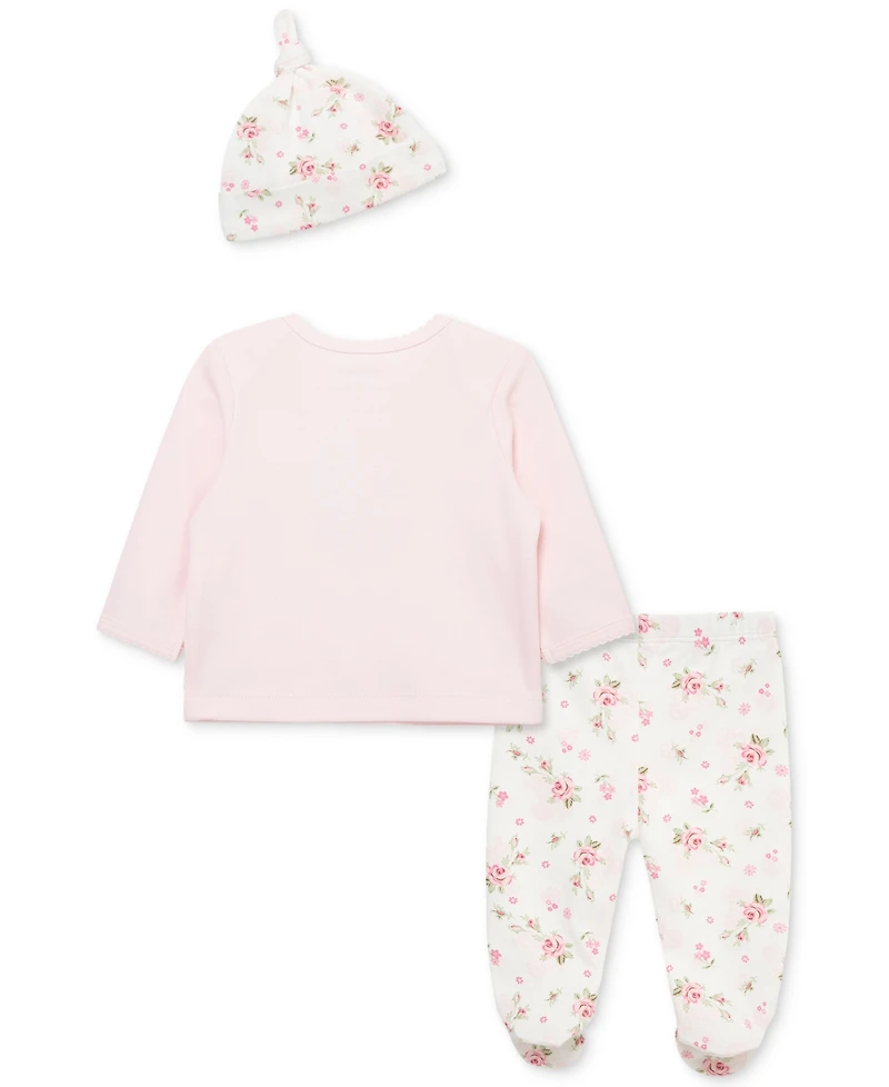 Little Me Baby Girls Cotton Lace Floral Top, Hat & Footed Pants, 3 Piece Set
