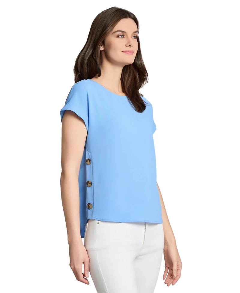 Jones New York Petite Round-Neck Side-Button Short-Sleeve Top