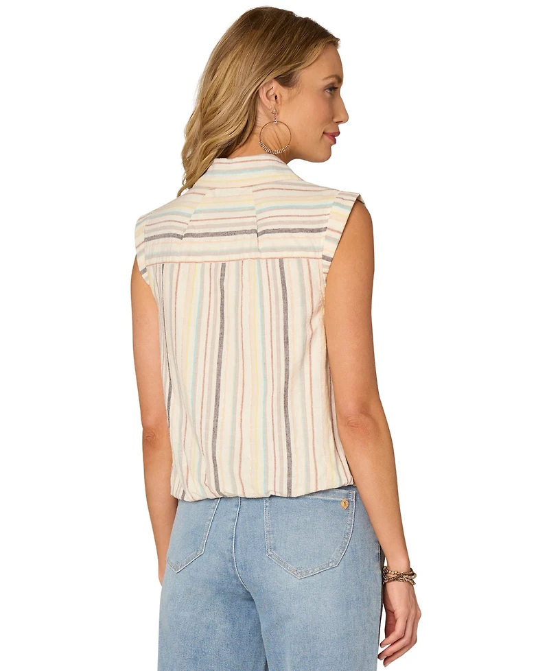 Democracy Petite Stripe Bubble-Hem Button-Front Top