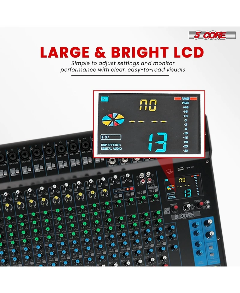 5 Core Dj Audio Mixer 24 Channel Stereo Sound Board w 256 effects Usb Bluetooth 48V Phantom Power