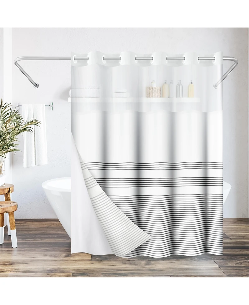 Americanflat 72x75 Hookless Shower Curtain - Grey Lines Shower Curtain with Sheer Panel, Snap-In Liner, and Grommets - 100% Polyester