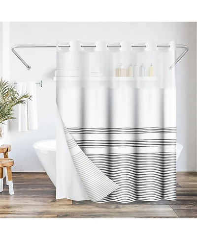Americanflat 72x75 Hookless Shower Curtain - Grey Lines Shower Curtain with Sheer Panel, Snap-In Liner, and Grommets - 100% Polyester