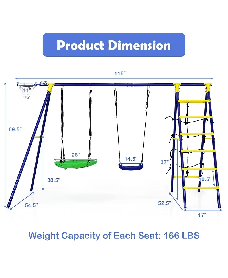 5-In-1 Outdoor Kids Swing Set with A-Shaped Metal Frame and Ground Stake