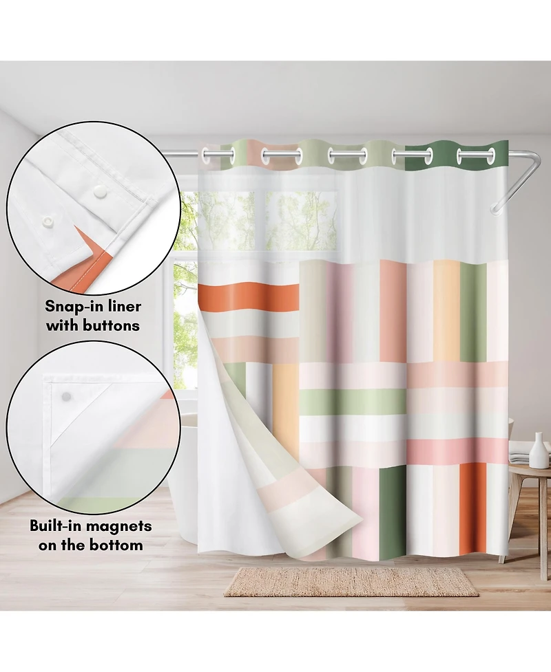 Americanflat 72x75 Hookless Shower Curtain - Abstract Pink Green Orange Shower Curtain with Sheer Panel, Snap-In Liner, and Grommets