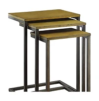 Set of Three Nested End Tables Solid Wood Tops with Steel Frames For Home Style
