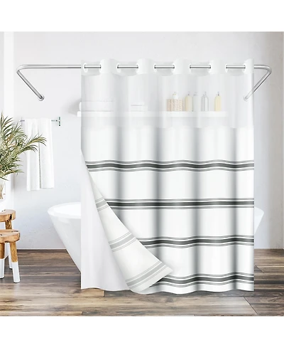 Americanflat 72x75 Hookless Shower Curtain - Grey Abstract Lines Shower Curtain with Sheer Panel, Snap-In Liner, and Grommets - 100% Polyester