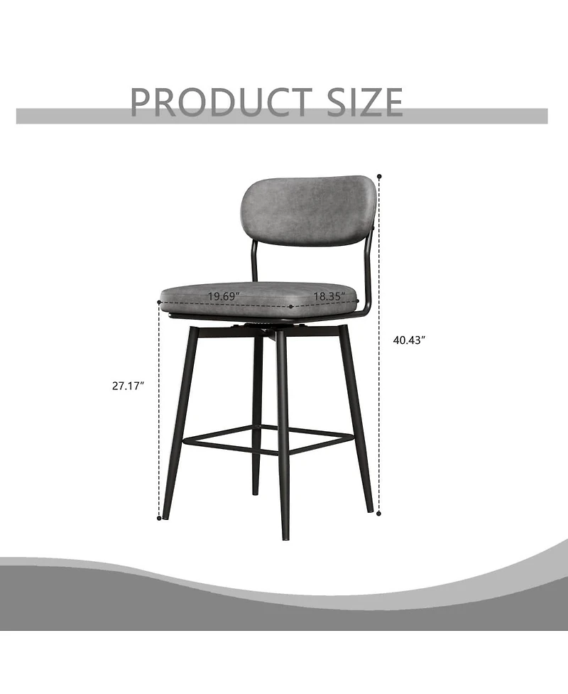 Set of Two Swivel Bar Stools with Leather Cushions, Metal Frame, Modern 360° Counter Height Chairs for Kitchen or Restaurant-The Pop Home