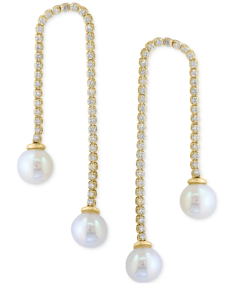 Effy Cultured Freshwater Pearl (7mm) & White Zircon (1-1/6 ct. t.w.) Chain Drop Earrings in 14k Gold
