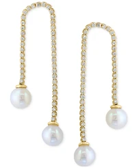 Effy Cultured Freshwater Pearl (7mm) & White Zircon (1-1/6 ct. t.w.) Chain Drop Earrings in 14k Gold