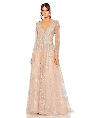 Mac Duggal Women's Embellished Wrap Over Illusion Long Sleeve A Line