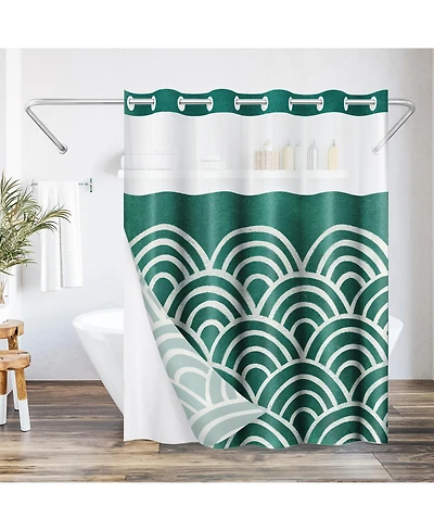 Americanflat 72x75 Hookless Shower Curtain - Abstract Green White Shower Curtain with Sheer Panel, Snap-In Liner, and Grommets - 100% Polyester