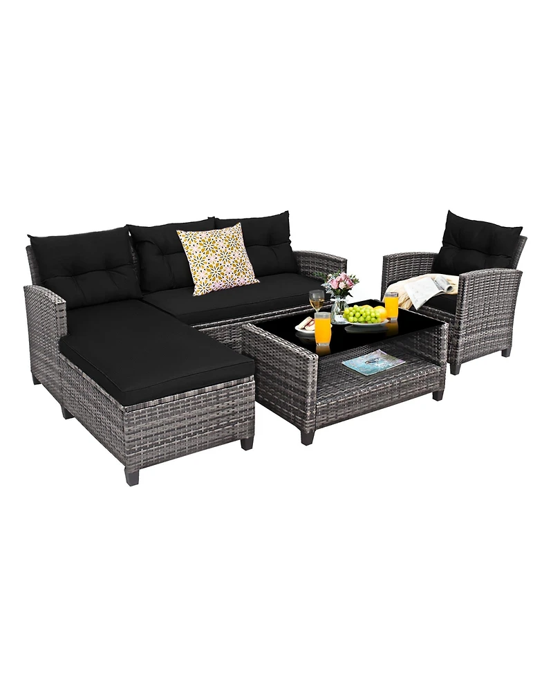 4 Pieces Patio Rattan Sofa Furniture Set with Cushion and 2-Tier Coffee Table