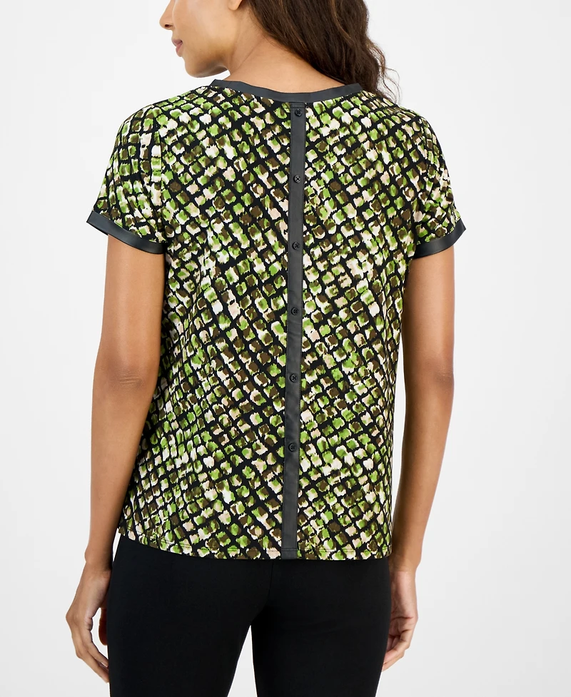 Ak Anne Klein Petite Animal-Print Button-Back Top