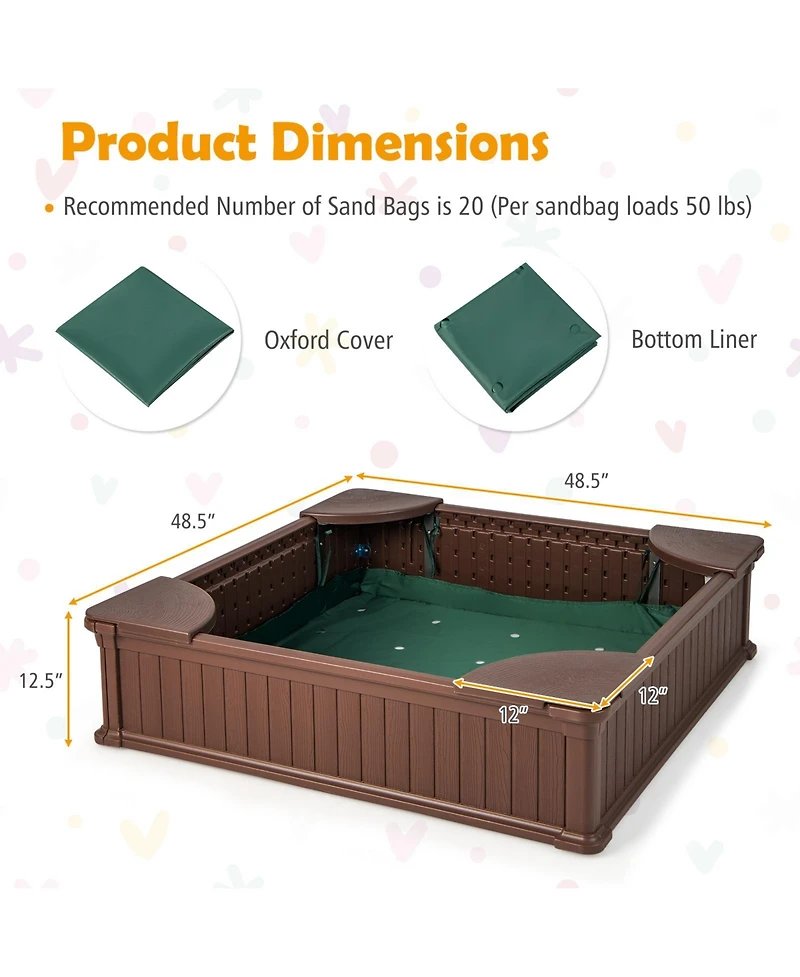 Kids Outdoor Sandbox with Oxford Cover and 4 Corner Seats