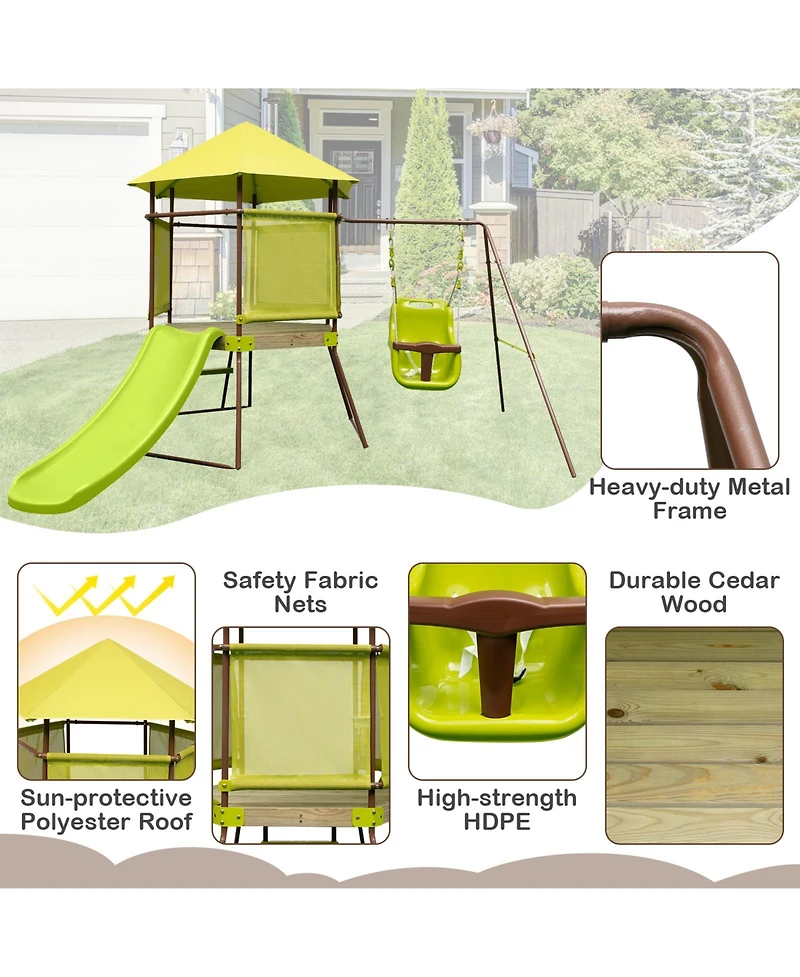 4-in-1 Swing Set with Covered Playhouse Fort and Height Adjustable Baby Seat