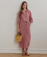 Lauren Ralph Women's Striped Linen Roll-Tab-Sleeve Shirtdress