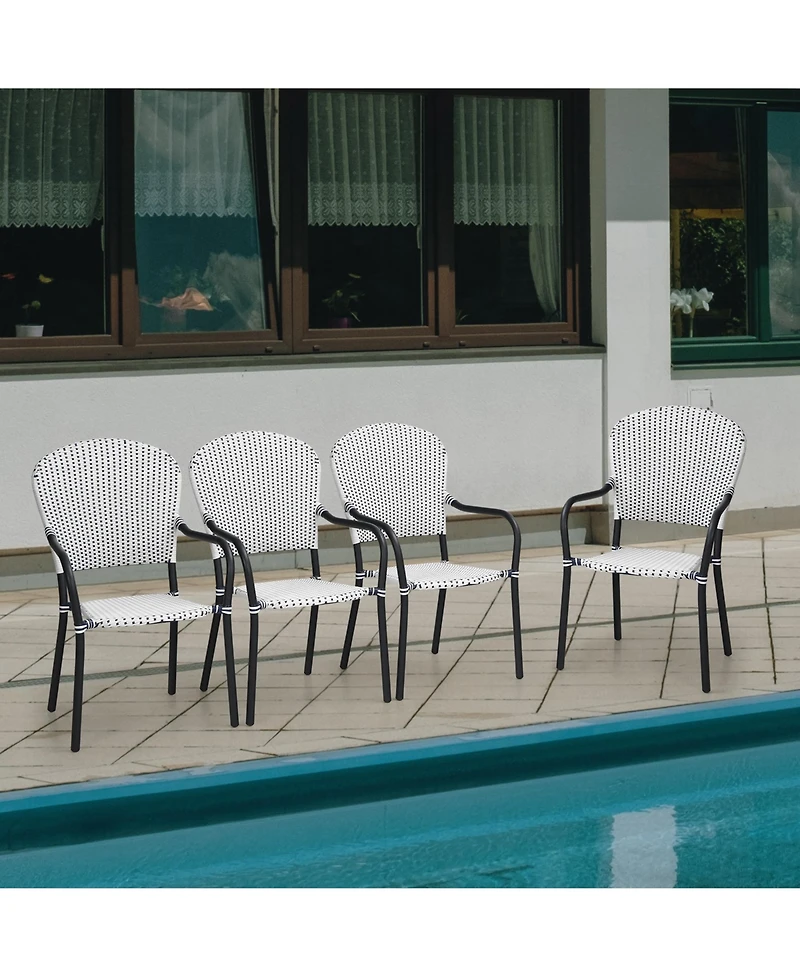 Gymax Set of 4 Patio Rattan Dining Chairs Stackable Armrest No Assembly